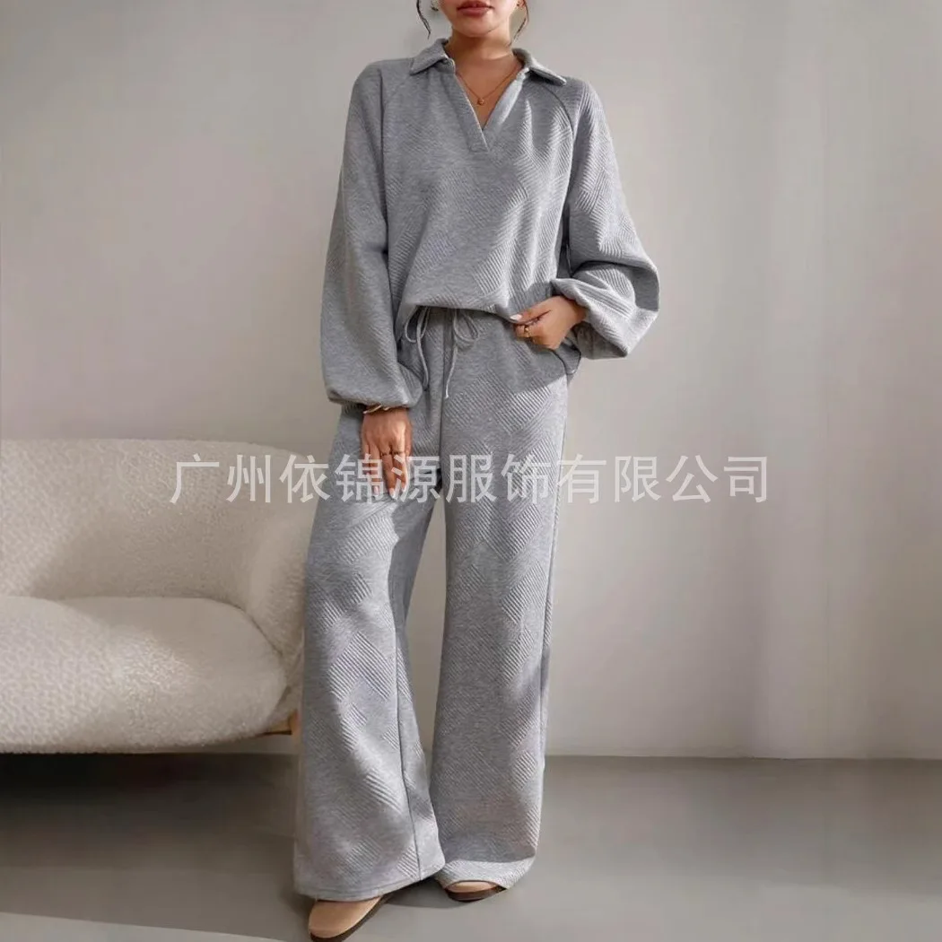 

2025 Women's Loose-Fit Long Sleeve Top With Drawstring Trousers Two-Piece Set Casual Autumn Lapel Fashion Outfit