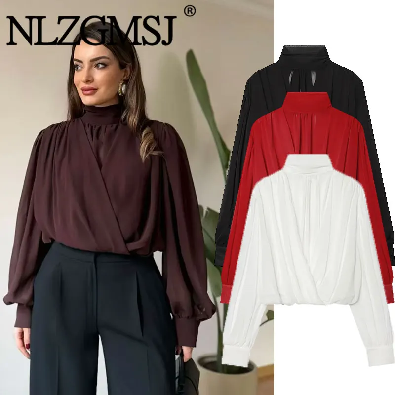 Nlzgmsj 2026 Frühling Damen Trendige Einfarbige Bluse mit Schleifendekoration Hemd Neue Mode Festliche Elegante Mujer Bluse