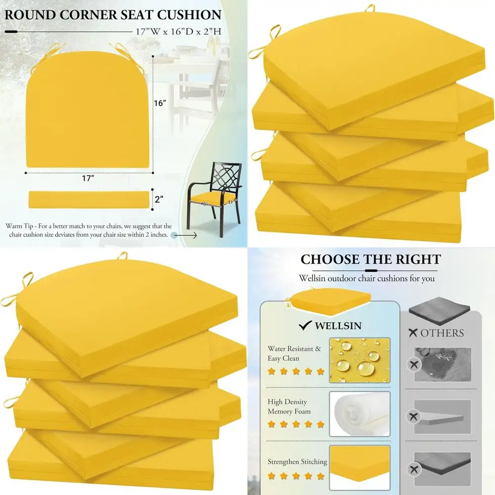 

Set of 6 Water-Resistant Outdoor Patio Chair Cushions, 17x16x2, Yellow