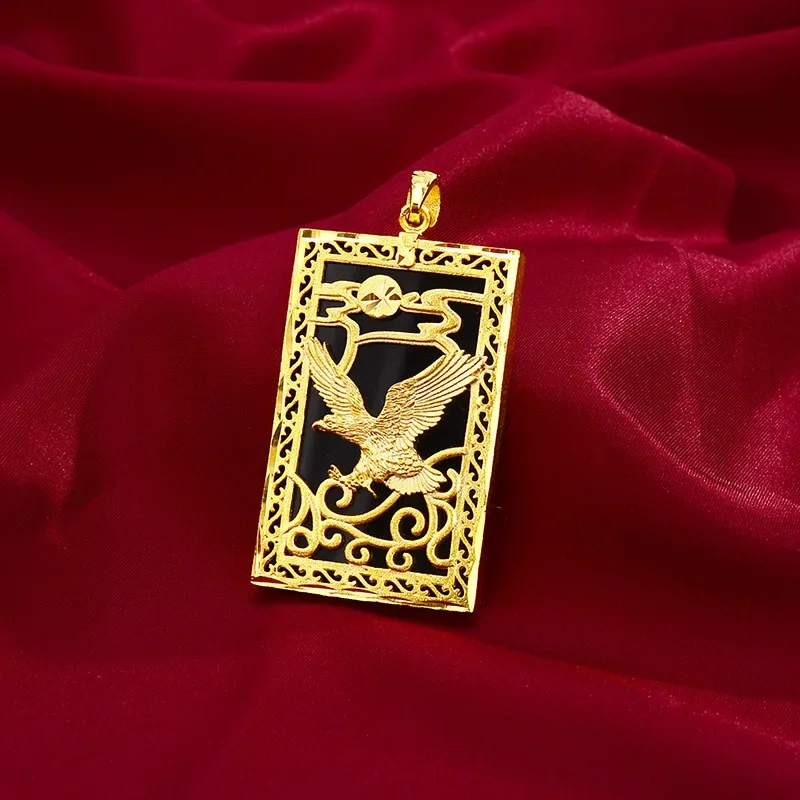 AU999 gold pendant frosted necklace 24K pure gold mens grand ambition obsidian eagle pendant mens necklace