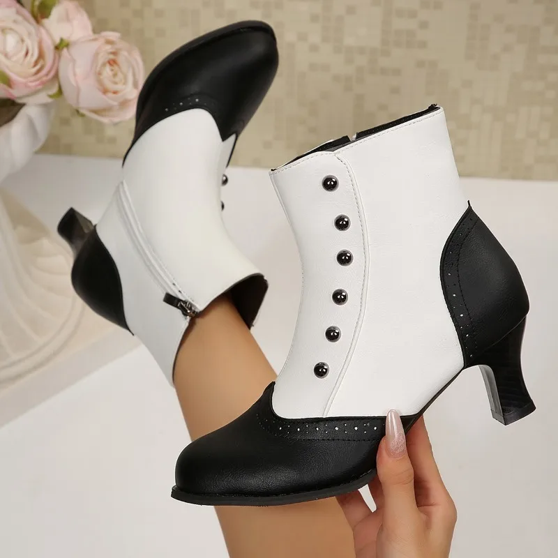 2026 New Color Blocking Metal Rivet High Heel Women's Ankle Boots Fashion Round Toe Square Heel Side Zipper Women Short Boots