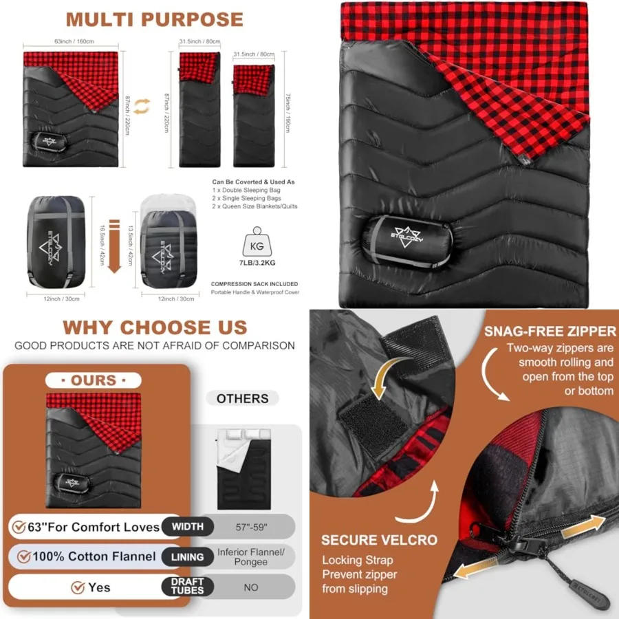 

XL Queen Size 2 Person Double Sleeping Bag for Adults, Lightweight Compact with Flannel Liner Thermolock Draft Tube, Machine Wa