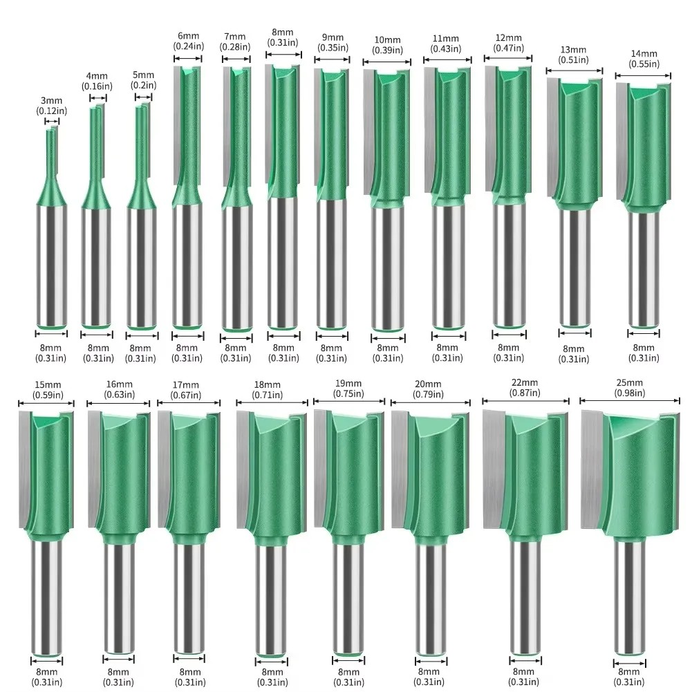 20-teiliges Fräser-Set, 8-mm-Schaft, einzelne Doppelflöte, gerader Bit, Frässchneiden, Hartmetall-Frässchneiden