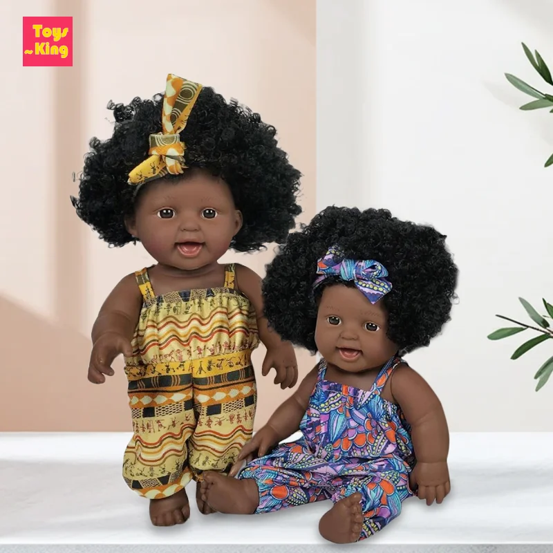 

12 Inch Vinyl Reborn Dolls Simulation Black Skin Baby Headwear Pajamas Dress Baby Deep Black Doll With Hair Boy Figure Kids Toys