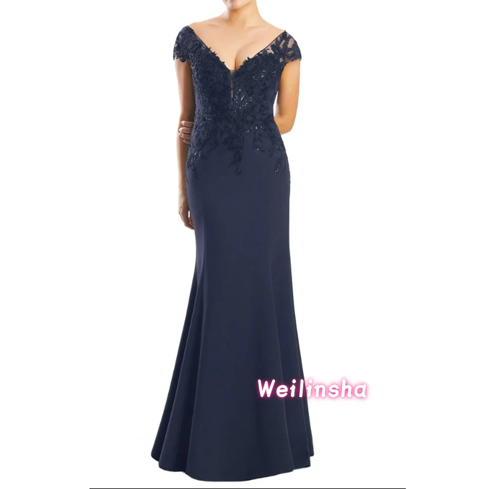 

Customized Long Lace Appliques Mother of The Bride Dresses for Women Elegant V Neck Formal Wedding Guest Dress with Sleeves
