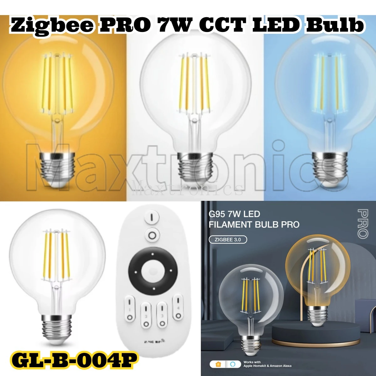 Gledopto Zigbee PRO 7W CCT LED Filament Bulb GL-B-004P G95 Work With Tuya APP Alexa Voice Remote Control GL-RC-002 for Home Room