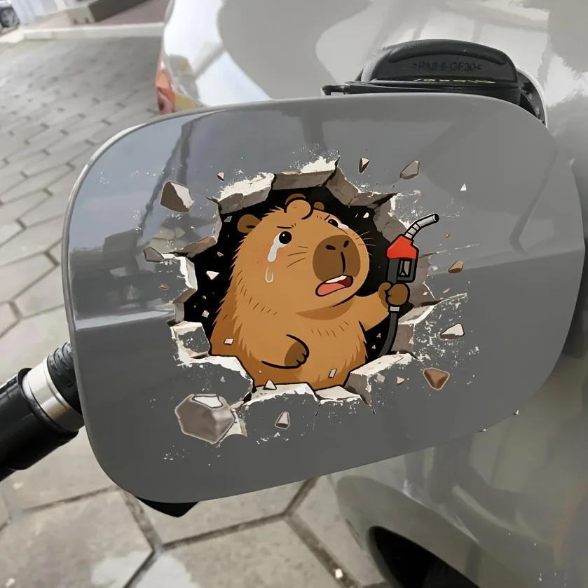 1Pc 3D Break Wall Crying Capybara Gas Nozzle Vinyl Sticker Waterproof For Car Fuel Tank Truck Motorcycle Wall Holiday Decor Gift