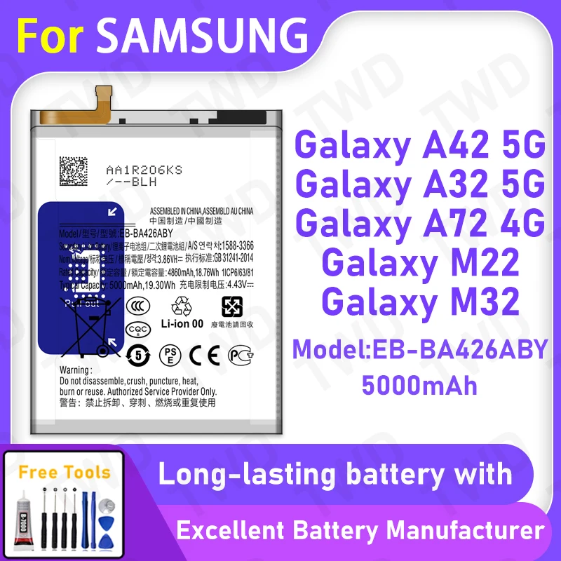 

High Quality 5000mAh EB-BA426ABY Battery For Samsung Galaxy A42 5G A32 5G A72 4G M22 M32 Long Lasting Power +Free Tools