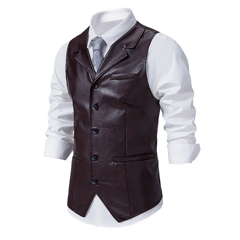 #4851 Spring Autumn Sleeveless Faux Leather Waistcoat Men Suits Collar Single Breasted PU Leather Men's Vest Streetwear Dance