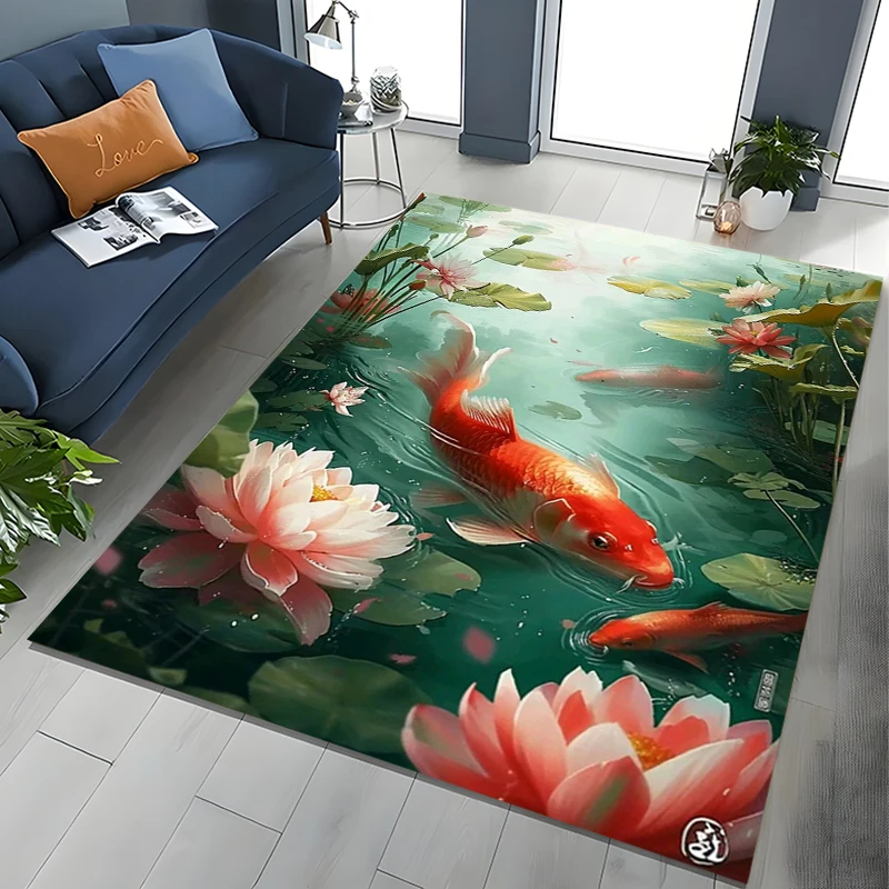 

2026 New Retro Koi Fish Lotus 3D Carpet Rug for Bedroom Living Room Sofa Home Doormat Decor,Large Kids Play Non-slip Floor Mat