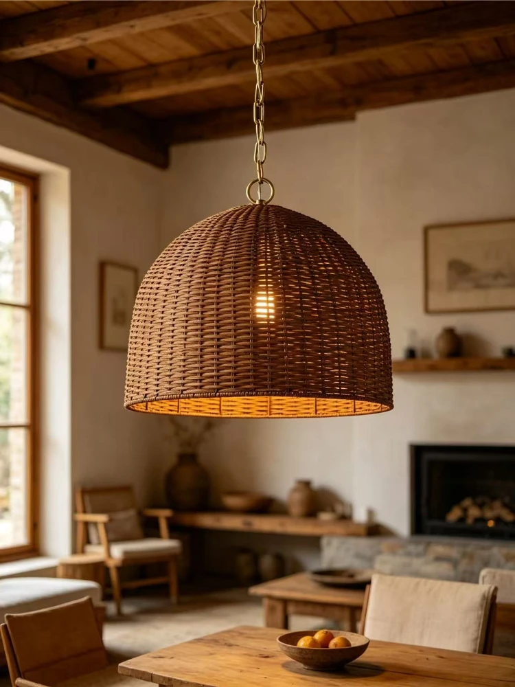 American retro restaurant pendant light, study decoration, bedroom light, rattan weaving, homestay, tea room lighting