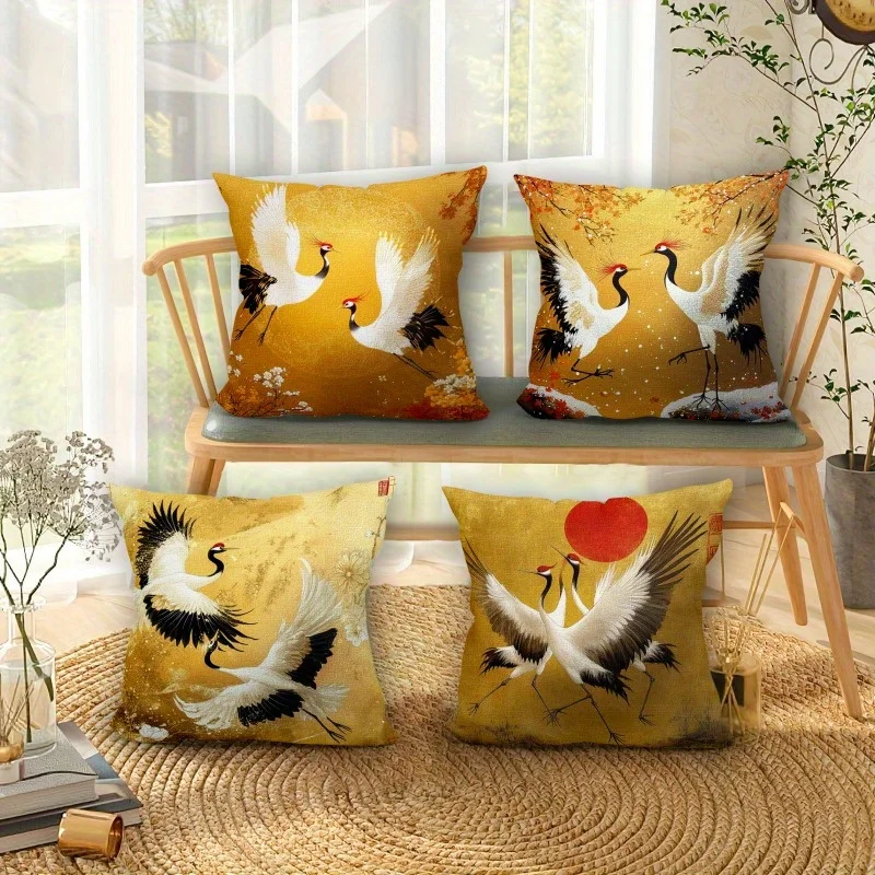 Set of 4 Decorative Throw Pillow Covers Mustard Yellow Crane Print Boho Cushion Cases for Living Room Asian Home Decor
