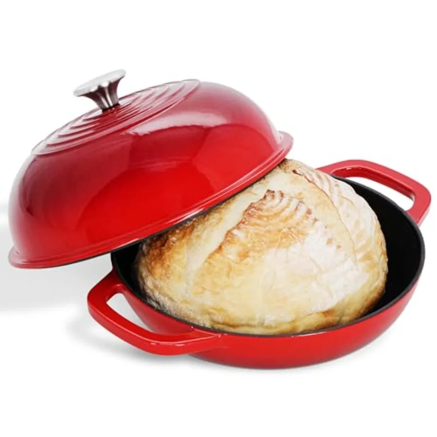 

10 Inch Red Enameled Cast Iron Dutch Oven with Bread Cloche for Authentic Artisan Bread Baking at Home Ideal for Even Heat Dist