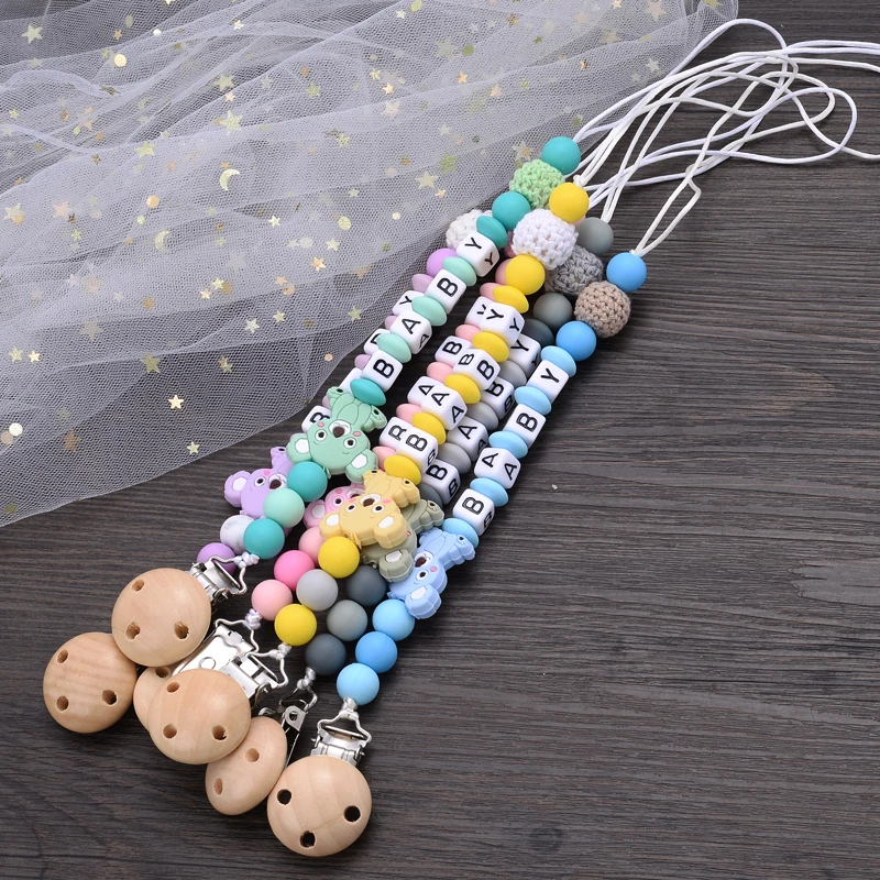 Baby Beech Teether Pacifier Clips Geometric Crochet Beads Personalized Name Silicone Teether Chain Pacifier Clips Nipple Clip