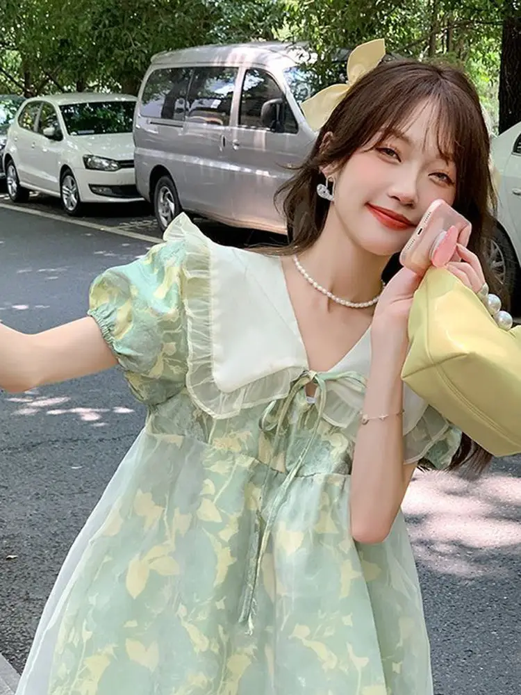 

Sweet Floral Print Midi Dress for plus Size Women Summer Loose And Stylish Doll Collar Dress Casual High Waist A-Line Skirt