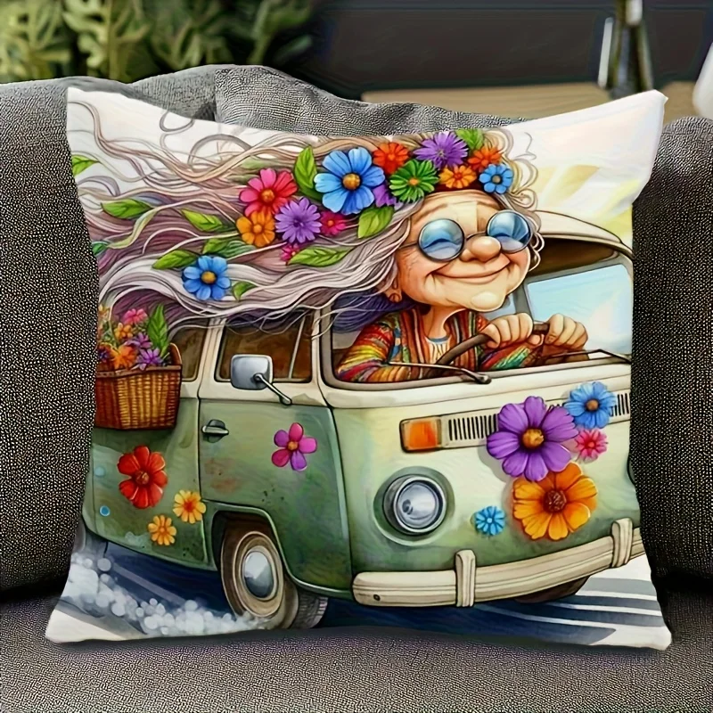 1pc 2D Flat (Pillow Not Included) Funny Grandma Driving Flower Van Cushion Cover Short Plush Retro Travel Decor Throw PillowCase