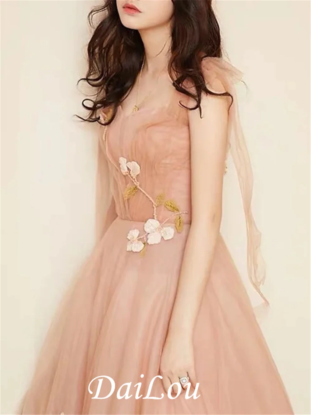 A-Line Floral Puffy Prom Formal Evening Dress V Neck Sleeveless Floor Length Tulle with Bow(s) Appliques