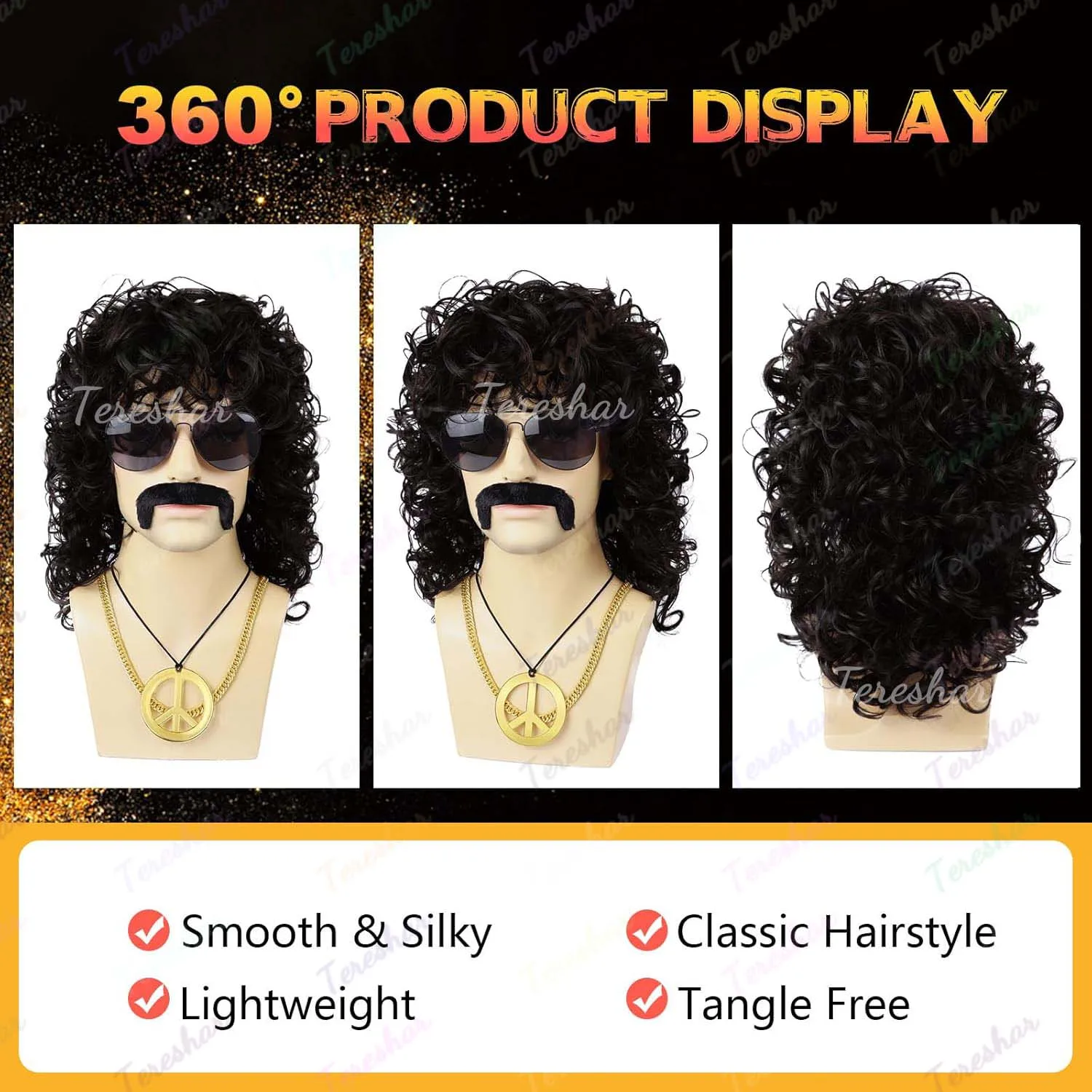 Synthetic 80s Short Jerry Curly Wig for Men with Mustache Glasses and Chain 70s Mullet Wig for Rocker Cosplay(Black,Brown Wig) image 3