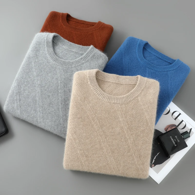Autumn and winter new round neck thick wool sweater 100% pure wool men's casual versatile solid color fashion base pullover