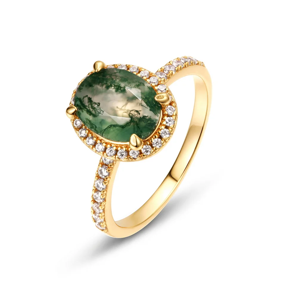 

ALLNOEL Natural 1.3CT Moss Agate Rings For Women 925 Sterling Silver Gold Plated Engagement Wedding Gifts Vintage Fine Jewelry