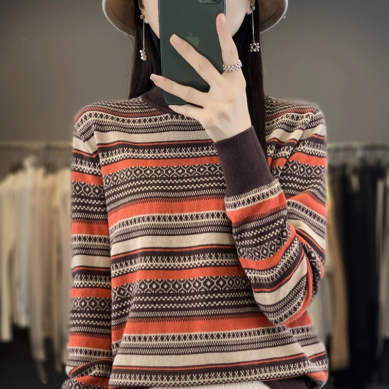 

100% Cotton Half-High-Neck Color Matching Jacquard Stripe Knitted Loose Pullover Long-Sleeved Casual Sweater