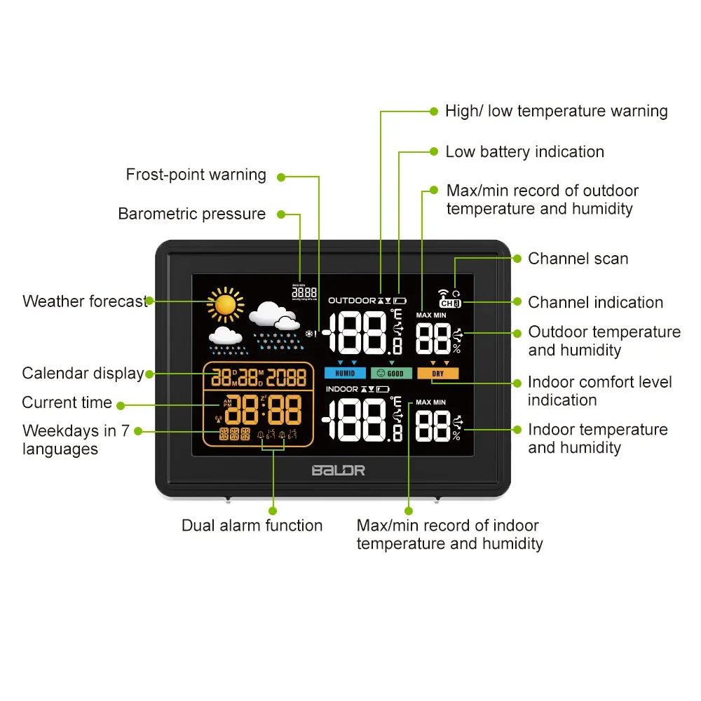 

Baldr Color Weather Station Wireless Thermometer Alert Wall Alarm Clock In/Outdoor Hygrometer Pressure Forecast Trend Monitor