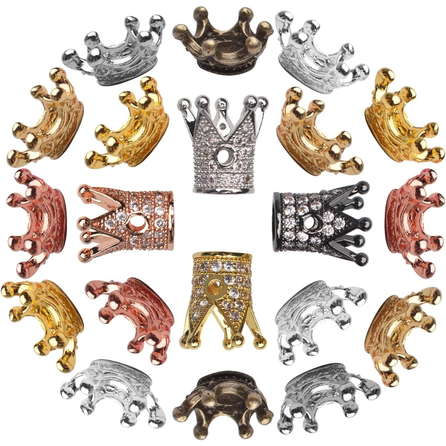 

40pcs Crown Charm Spacer Beads, Mixed Rhinestone Alloy, Large Hole, 2 Styles