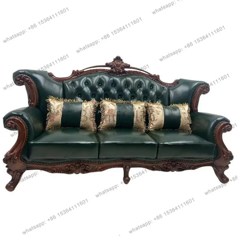 American all-solid wood leather sofa leather art first layer cowhide retro double-sided engraved model