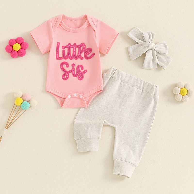 2024-05-05 Lioraitiin Summer Baby Girl Outfits Letter Embroidered Short Sleeve Rompers Long Pants Headband 3Pcs Clothes Set