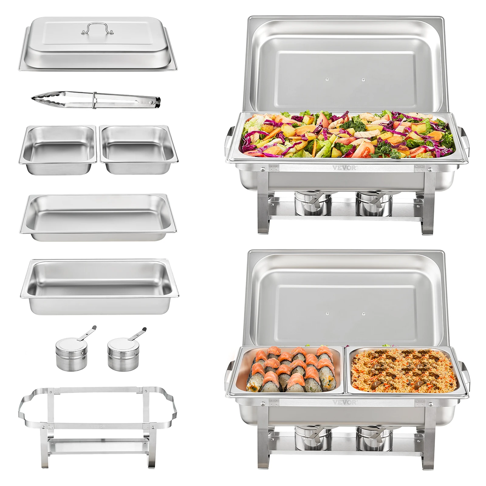 SucceBuy 8QT Rechthoekige Komfoor 2/4/6 Packs met Full Size Pannen Buffet Catering Warmer Server Opvouwbare Standaard Brandstofhouder Lade