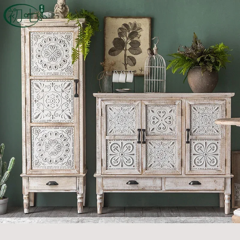 Solid Wood Living Room Cabinet Sideboards American Retro Foyer Cabinet Old Carved Antique Storage Cabinets Living Room Furniture