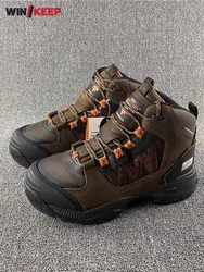 Men Outdoor Sneakers Spliced Cow Leather High Top Hiking Shoes Anti Skid Platform Waterproof Camping Shoes Sports Trekking Shoes