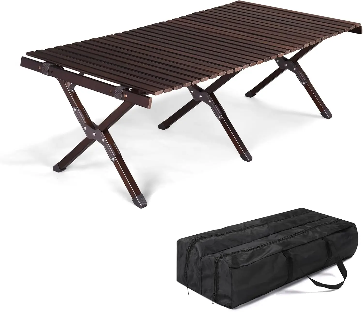

120X60X40cm Wooden Camping Roll Table Portable Outdoor Folding Table for Camping RV Fishing and Picnic Dark Walnut