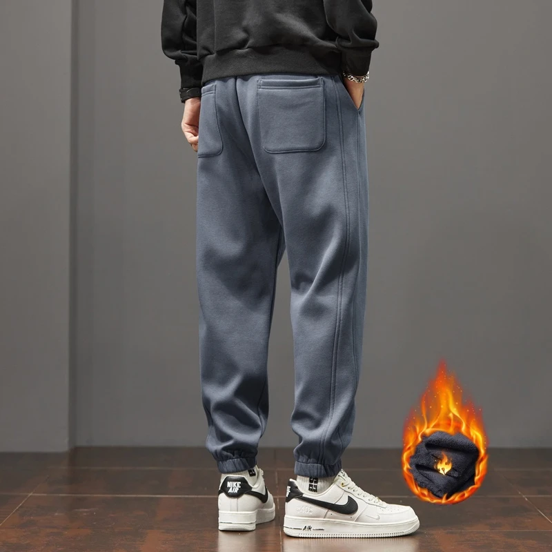 2024 Winter Style Fleece Leggings Sweatpants Men's Trendy Brand Loose Thickened Warm Sports Casual Pants Black Dark Gray