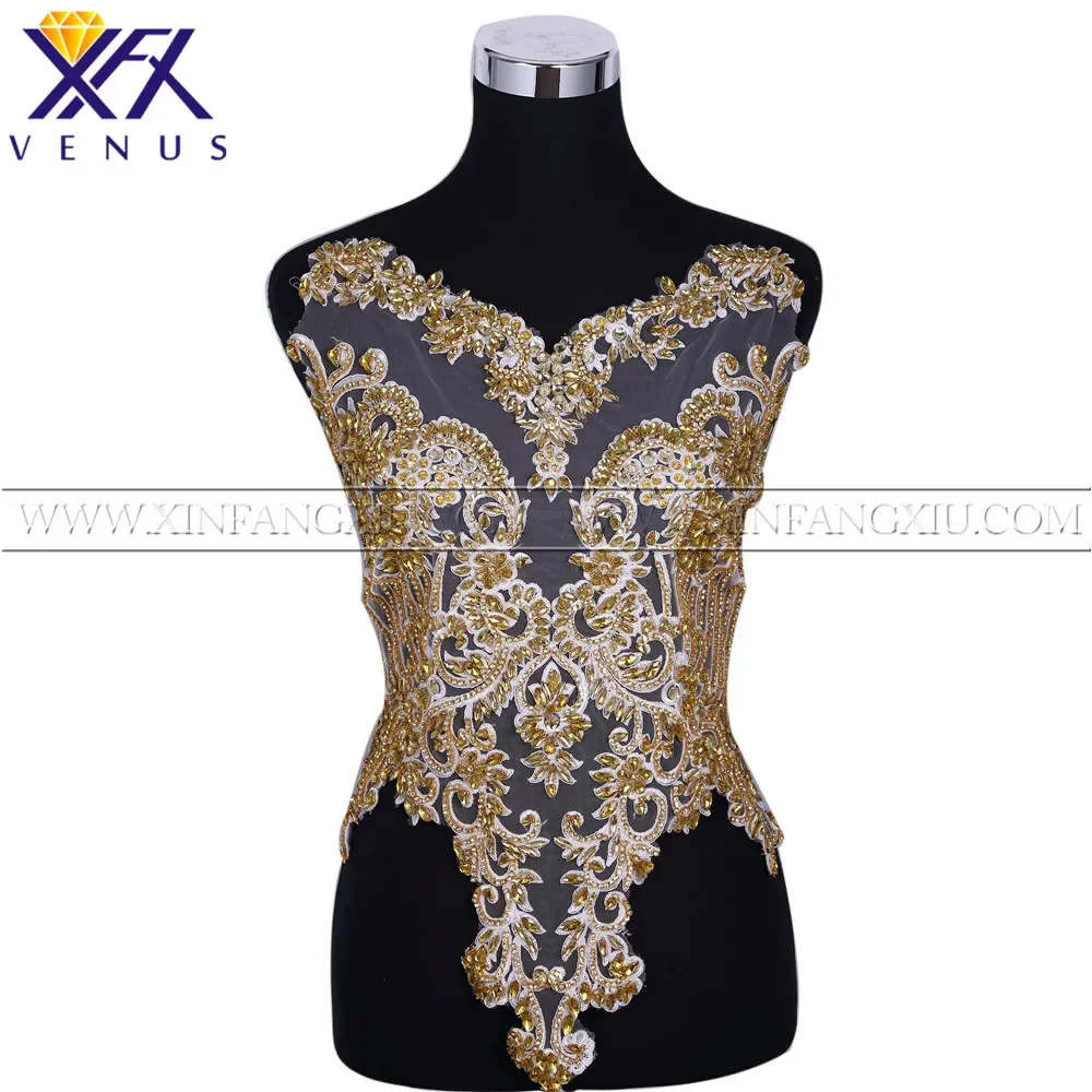 XFX VENUS 1 Piece Pretty Gold Beads Rhinestone Patches Beaded Bodice Embroidery Applique Crystals Applique for Wedding Dresses