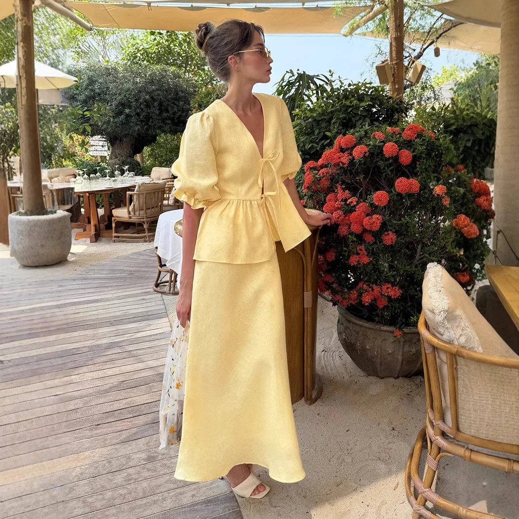 

DSMTRC Элегантные повседневные женские длинные комплекты платьев 2021, летние комплекты платьев, рубашка на шнуровке с v-образным вырезом, блузка, костюмы трапециевидной формы с длинной юбкой