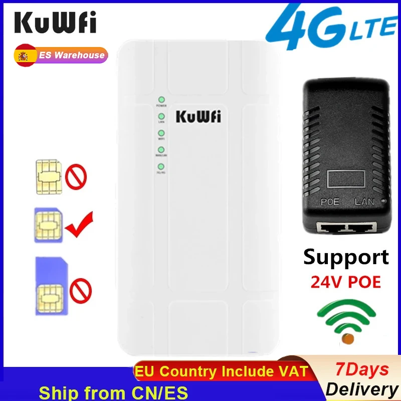 KuWFi Outdoor 4G LTE Router High Power 300Mbps Draadloze CPE Router CAT4 Wi-fi Router met 24V POE Adapter voor IP Camera