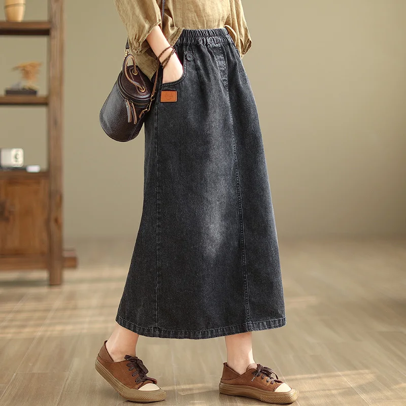 

Casual Mid-Length Denim Skirt Women's Faded Blue Spring Autumn Elastic Waist A-Line Skirt Versatile Commute Sle Cotton Fabric