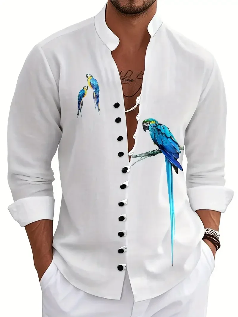 New Men's Long Sleeve Plants Flowers Birds Shirt 3D Printed Pattern Long Sleeve Clothing Fashion Business Casual Soft Fabric Top