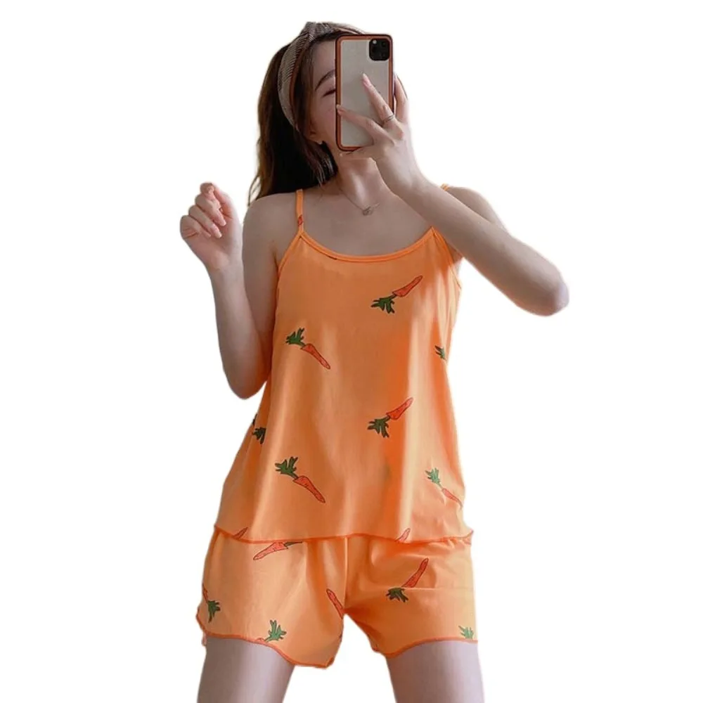 

Шорты-бретельки с круглым вырезом, ночная рубашка, милый комплект одежды для сна с клубникой и морковью, летняя домашняя одежда, женские летние пижамы без рукавов