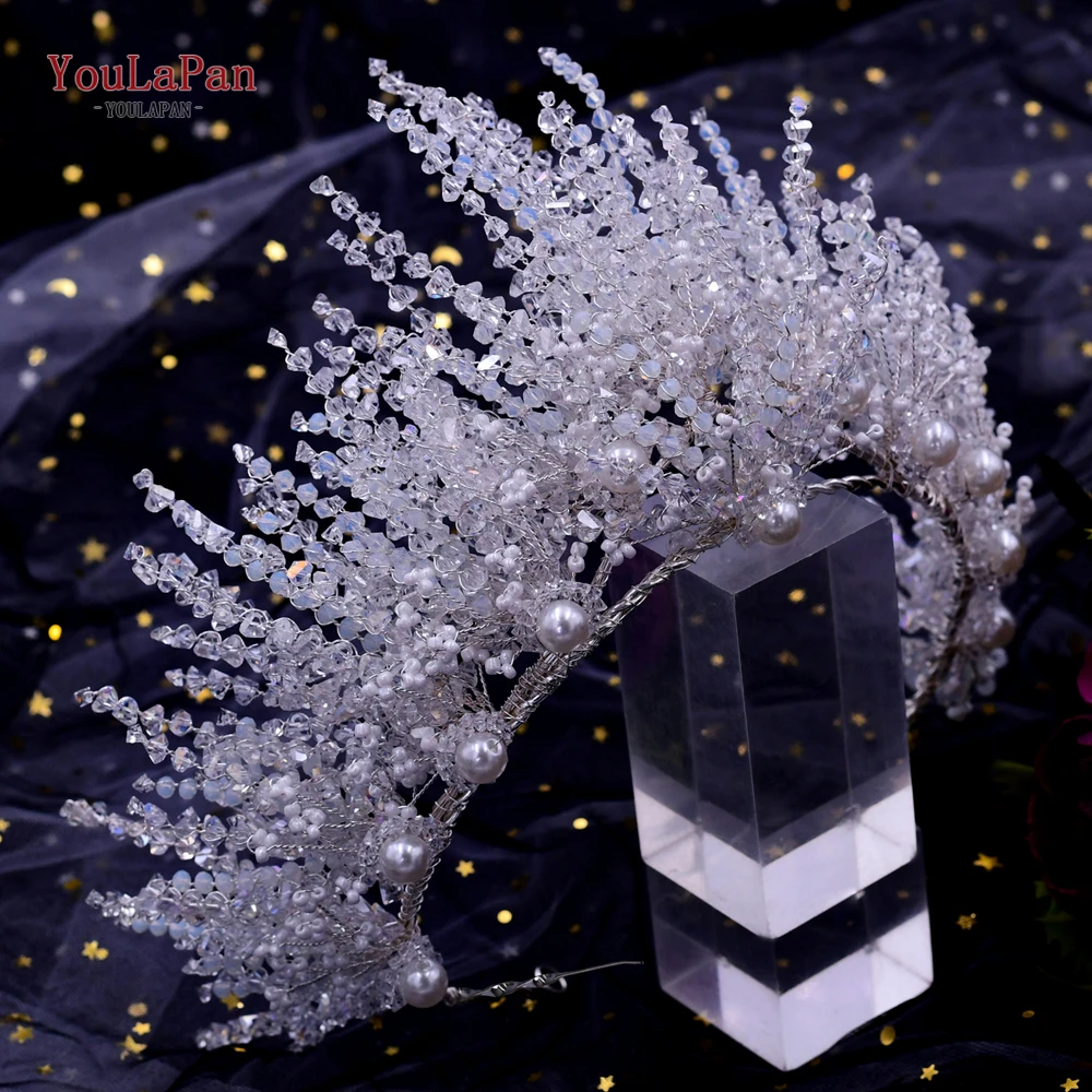 YouLaPan Handmade Crystal Crown Pearl Hairbands Spiked Goddess Crown Cosplay Wedding Party Indian Bridal Hair Accessories HP399