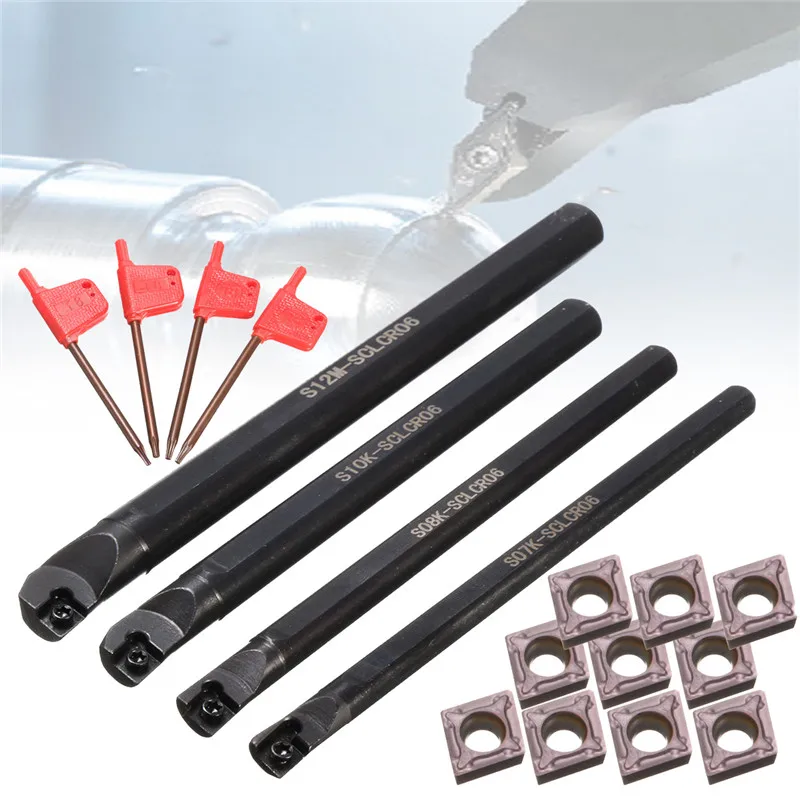 

4 Set 7/8/10/12mm SCLCR06 Lathe Boring Bar Turning Tool Holder With Wrench 10Pcs CCMT 060204 Inserts Blades Machine Turning Set