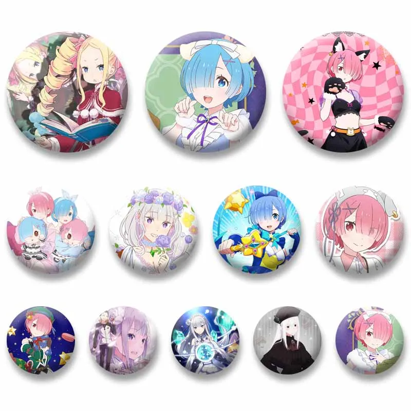 Cute Cartoon Figure Rem Ram Beatrice Emilia Natsuki Subaru Badges Anime Re Zero Personalized Round Brooches Bag Hat Jewelry Pins