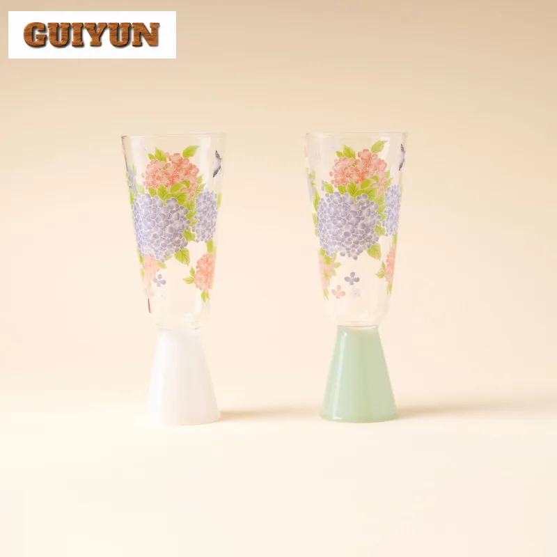 

220ml Hydrangea Butterfly Glass High Foot Teacup Retro Tea Bowl Jug Tea-tasting Meditation Cup Chazhan Master Cups Cha Craft