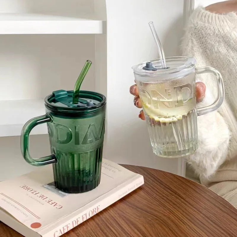 

Large Capaci Glass Cup for Women with St And Lid Modern mat Sle Water Drinking Cup Heat Resistant Cylinder ape