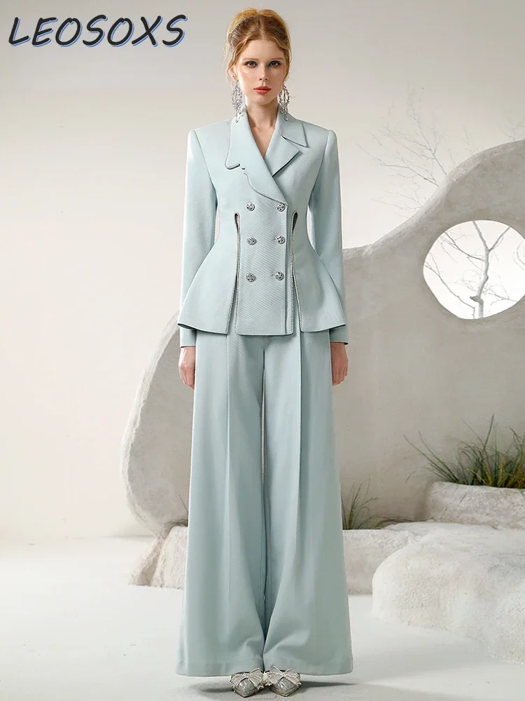 

Office Lady Commuter Suit Autumn and Winter Drill Chain Irregular Blazer Jacket Wide Leg Trousers Set Women's Pants 2 Piece Set