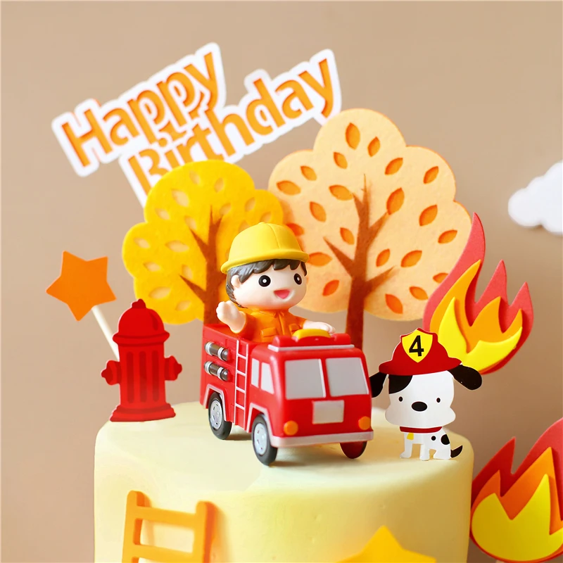 Happy Birthday Cake Toppers Party Supplies Fireman Set Fire Ladder Truck Decoration for Boy Children's Day Cake Decorate Gifts