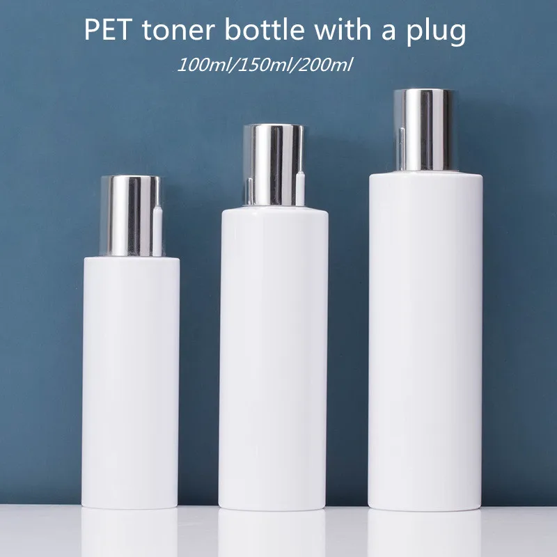 10/30/50pcs 100/150/200ml Empty PET Cosmetic Toner Bottle Moisturizer/ Makeup Water Bottle With A Plug  Silver Screw cap