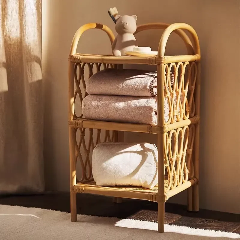 Modern Rattan Storage Rack Three Layer Shelf for Living Room Home Furniture Sofa Side Cabinet Wall Floor Stand Hotel Decor