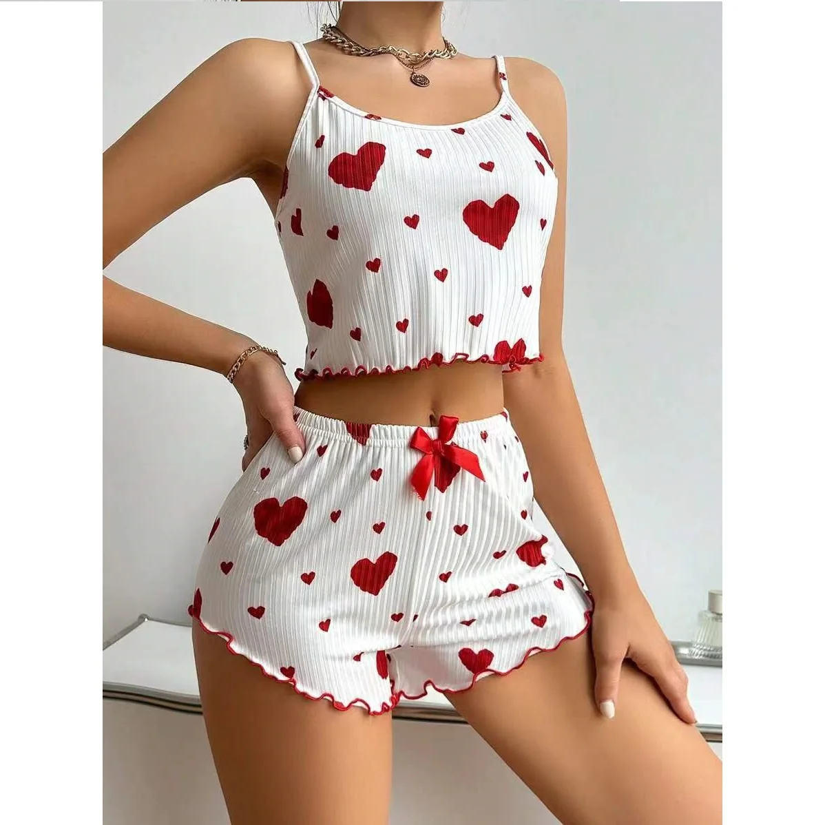 Women\'s Pajamas Set Sleepwear 2 PCS Short Tank Tops And Shorts S M L White Ventilate Soft Casual Love Printing